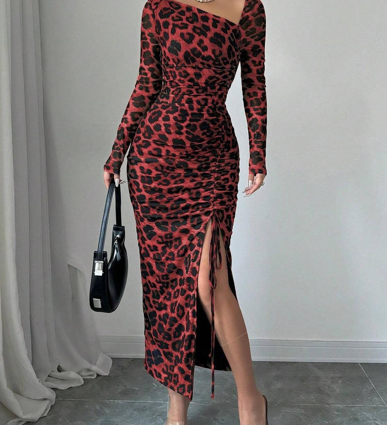 Long Sleeve Leopard Print Maxi Dress Side Ruched Slit Bodycon Dress