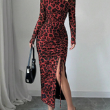Long Sleeve Leopard Print Maxi Dress Side Ruched Slit Bodycon Dress