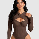 Sexy Twist Cutout Bustier Long Sleeve High Cut Bodysuit