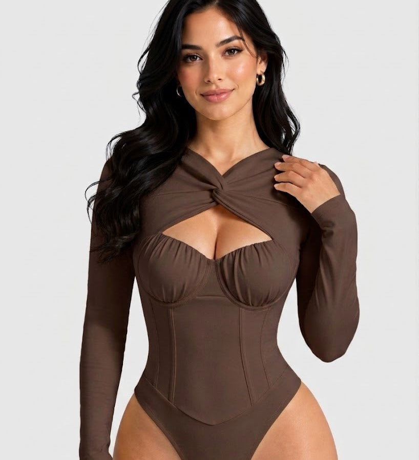 Sexy Twist Cutout Bustier Long Sleeve High Cut Bodysuit