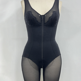 V Neck Lace Mesh Panel  Mid Thigh Tummy Control Bodysuit Zipper Shapewear