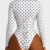 Polka Dot Scoop Neck Long Sleeve Bodysuit Detachable Corset Two Piece Set