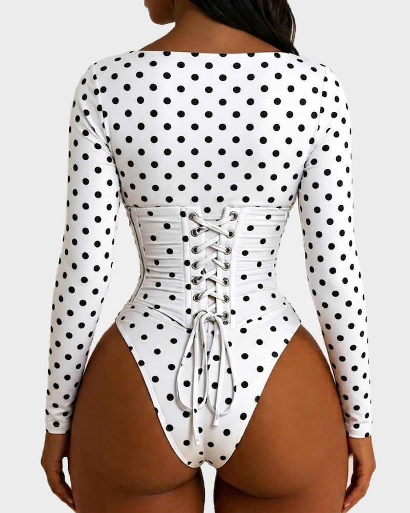 Polka Dot Scoop Neck Long Sleeve Bodysuit Detachable Corset Two Piece Set