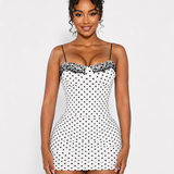 Polka Dot Lace Trim Thin Strap Bodycon Mini Dress