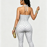 Polka Dot Halter Neck Open Back Skinny Capri Jumpsuit