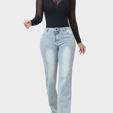 Sheer Mesh Long Sleeve Tummy Control Thong Shaping Bodysuit