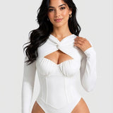 Sexy Twist Cutout Bustier Long Sleeve High Cut Bodysuit