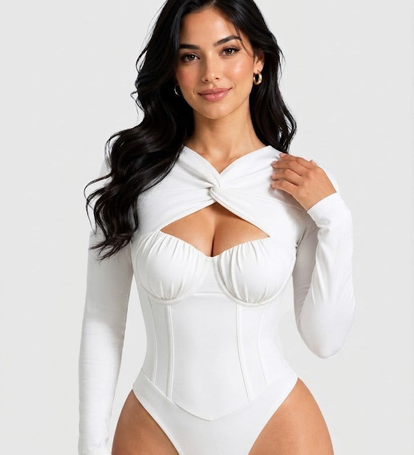 Sexy Twist Cutout Bustier Long Sleeve High Cut Bodysuit