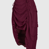 Side Drawstring Ruched Ruffle Trim Irregular High Low Midi Skirt