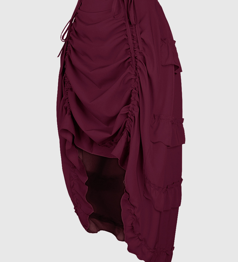 Side Drawstring Ruched Ruffle Trim Irregular High Low Midi Skirt