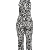 Leopard Print Halter Neck Open Back Capri Jumpsuit