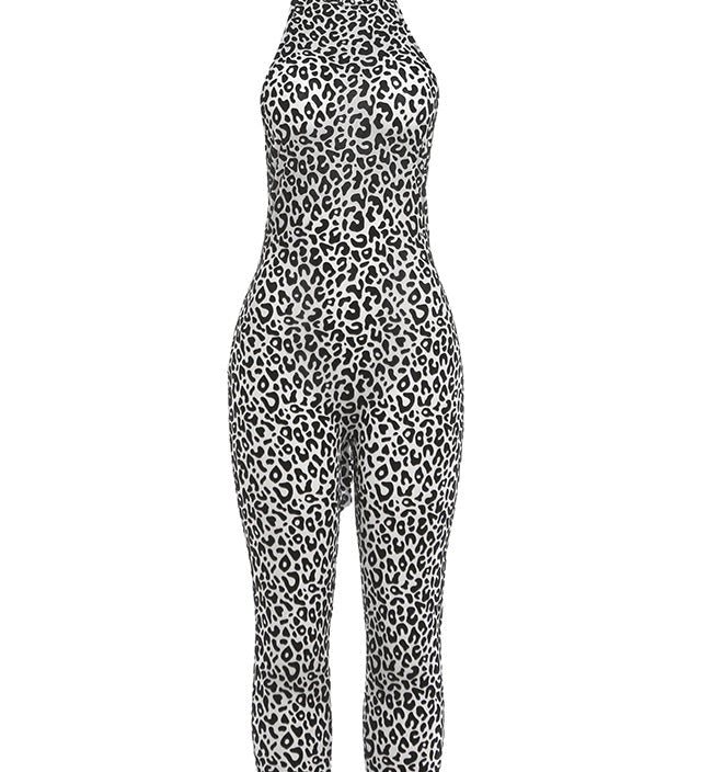 Leopard Print Halter Neck Open Back Capri Jumpsuit