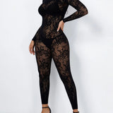 Sexy Long Sleeve Sheer Lace Open Back Bodycon Jumpsuit