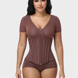 V Neck Front Zipper Short Sleeve Segmented Bone Waist Trainer Compression Shaping Top