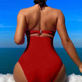 Cross Halter Ruched Front Cutout Backless One Piece Swimsuit