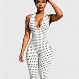 Hourglass Halter V Neck Backless Butt Lifting Capri Jumpsuit In Polk Dot