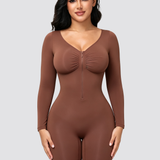 Front Zipper Long Sleeve Mid Thigh Full Body Shapewear Bodysuit