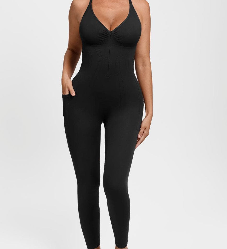 High Compression Zip Front Deep V Adjustable Strap Shapewear Jumpsuit
