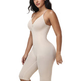 V Neck Front Zip Crisscross Back Knee Length Tummy Contro Bodysuit Butt Lifting Shaper