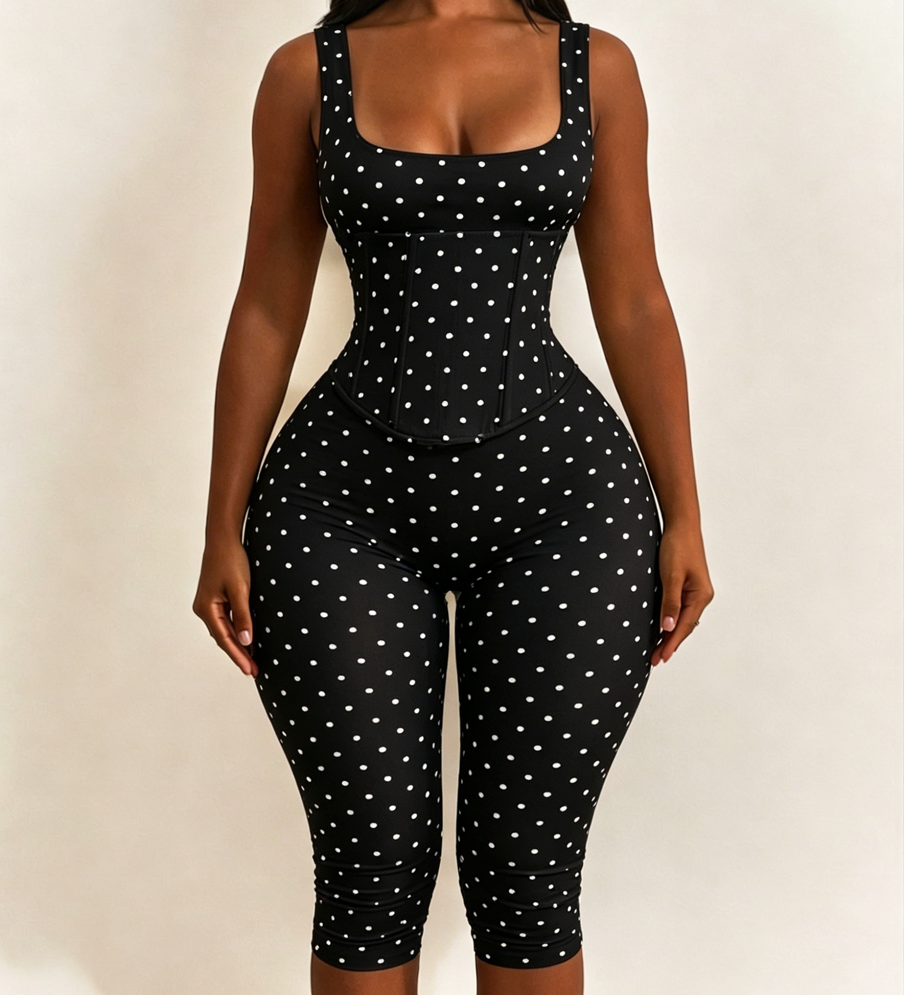 Polka Dot Square Neck Capri Jumpsuit with Hourglass Detachable Corset Two-Piece Set