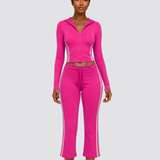 Two Piece Activewear Set Stripe Zip Up Hooded Crop Top with Capri Flare Pants