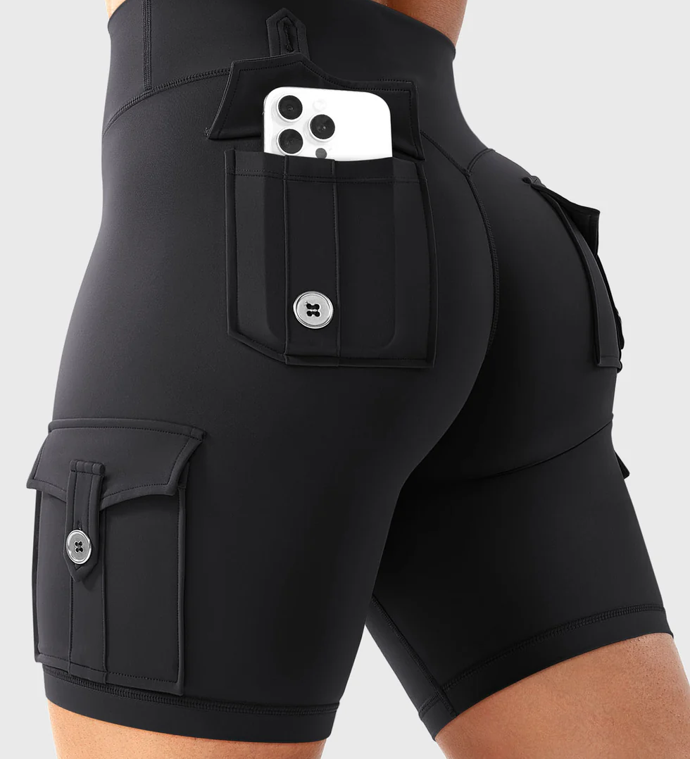 High Waist Butt Lifting Workout Biker Shorts with Multi Cargo Pockets