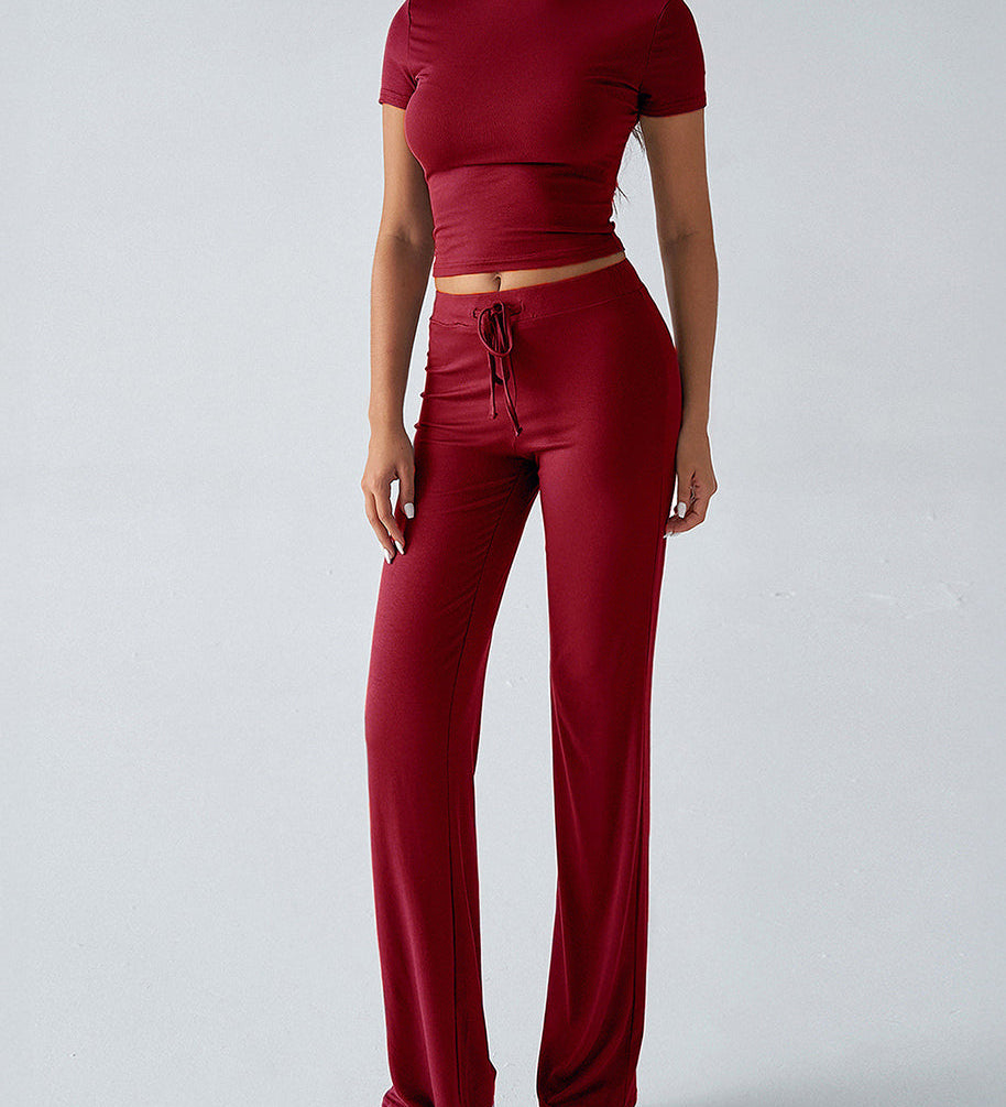 Essential Two-Piece Active Set ropped Short Sleeve Top Drawstring Flare Pants