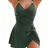 V Neck Cross Ruched One Piece Swimsuit Tummy Control Swim Dresses