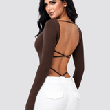 Square Neck Long Sleeve Backless Thong Slim Fit Bodysuit