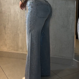 Stylish Mid Waist Diamond Studded Wide Leg Jeans with Belt