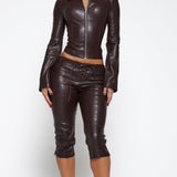 Faux Leather Zipper Corset Top Capri Pants Two Piece Outfit Set