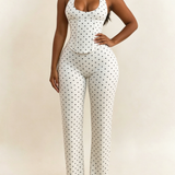 Polk Dot Halter-Neck Backless Detachable Corset Wide-leg Jumpsuit Two-Piece Set