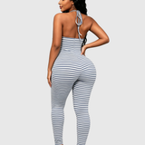 Grey White Stripe Halter Ruched Bust Backless Skinny Full Length Jumpsuit