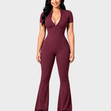 Front Zipper Short Sleeve Ribbed Slim Butt Lifting Flare Leg Jumpsuit