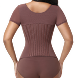 V Neck Front Zipper Short Sleeve Segmented Bone Waist Trainer Compression Shaping Top
