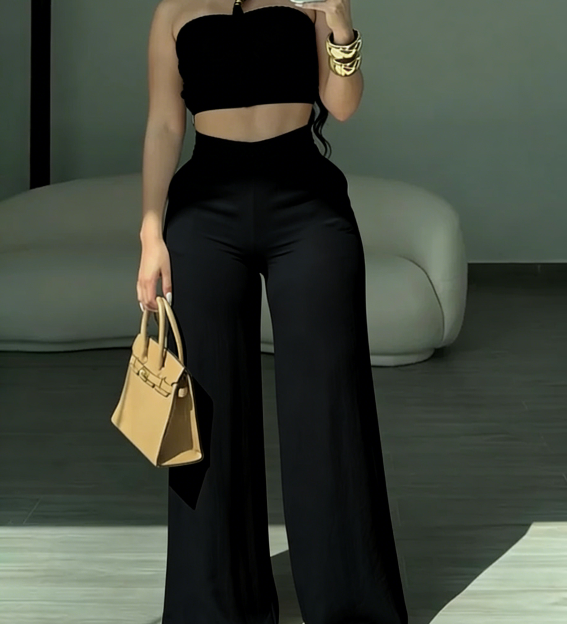 2 Piece Braided Trim Two Piece Outfit with Flared Trousers