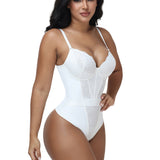 V Neck Lace Thong Bodysuit Adjustable Straps Waist Cinching Shapewear
