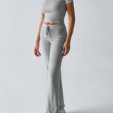 Essential Two-Piece Active Set ropped Short Sleeve Top Drawstring Flare Pants