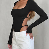 Square Neck Long Sleeve Backless Thong Slim Fit Bodysuit