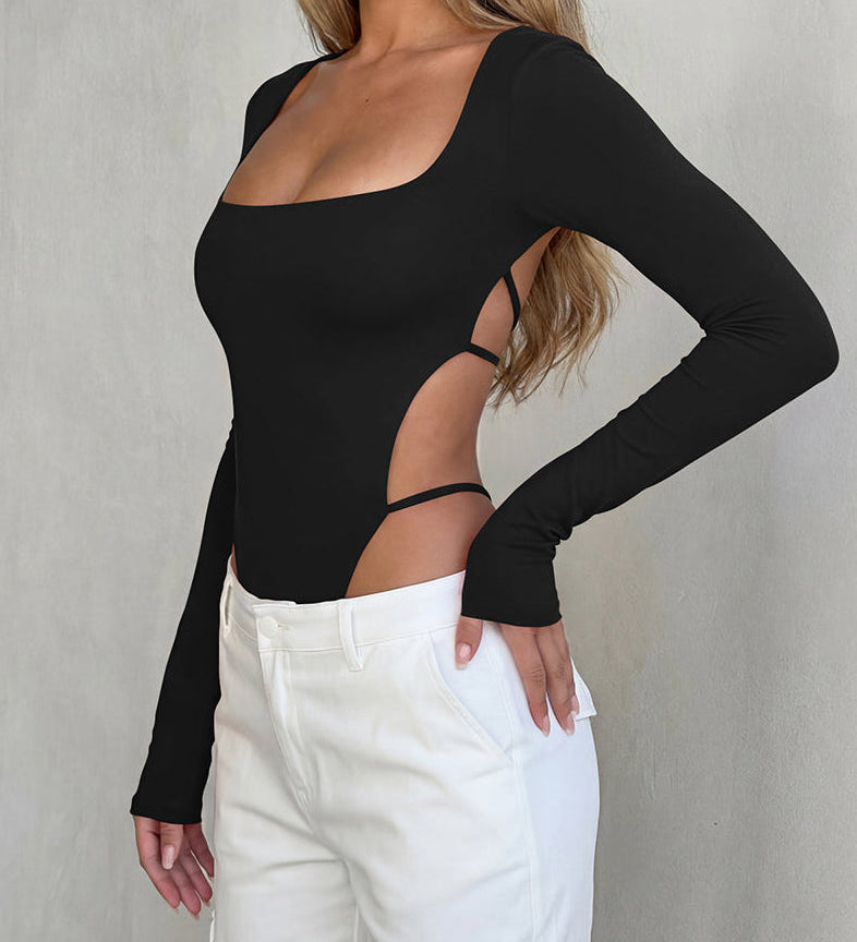 Square Neck Long Sleeve Backless Thong Slim Fit Bodysuit