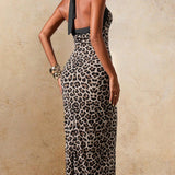 Leopard Print Halter Tie Backless Bodycon Midi Dress