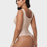 U Neck Wide Strap Back Lace Up Tummy Control Butt Lifting Bodysuit