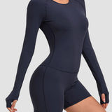 Round Neck Long Sleeve Open Back Tight Fit Workout Romper