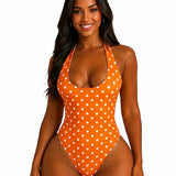 Polka Dot Halter Tie One Piece Swimsuit High Cut Hourglass Bodysuit
