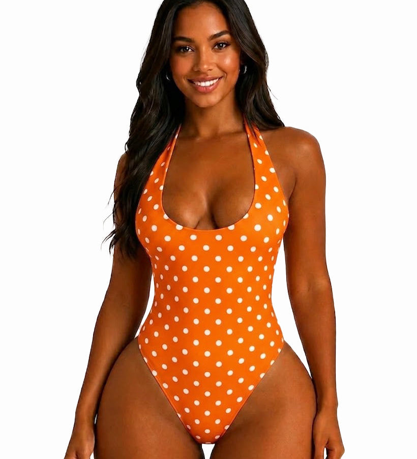Polka Dot Halter Tie One Piece Swimsuit High Cut Hourglass Bodysuit