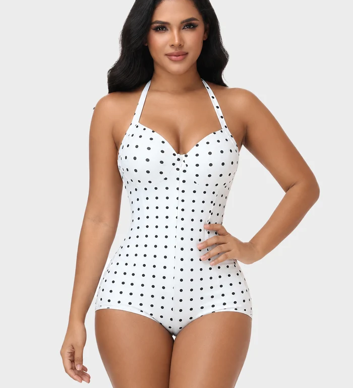Polka Dot Halter Lace Up Back Zipper Bodysuit