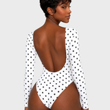 Long Sleeve Polka Dot Large U Open Back Tummy Control Thong Bodysuit