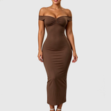 Off Shoulder Ruched Bust Bodycon Maxi Dress with Back Slit