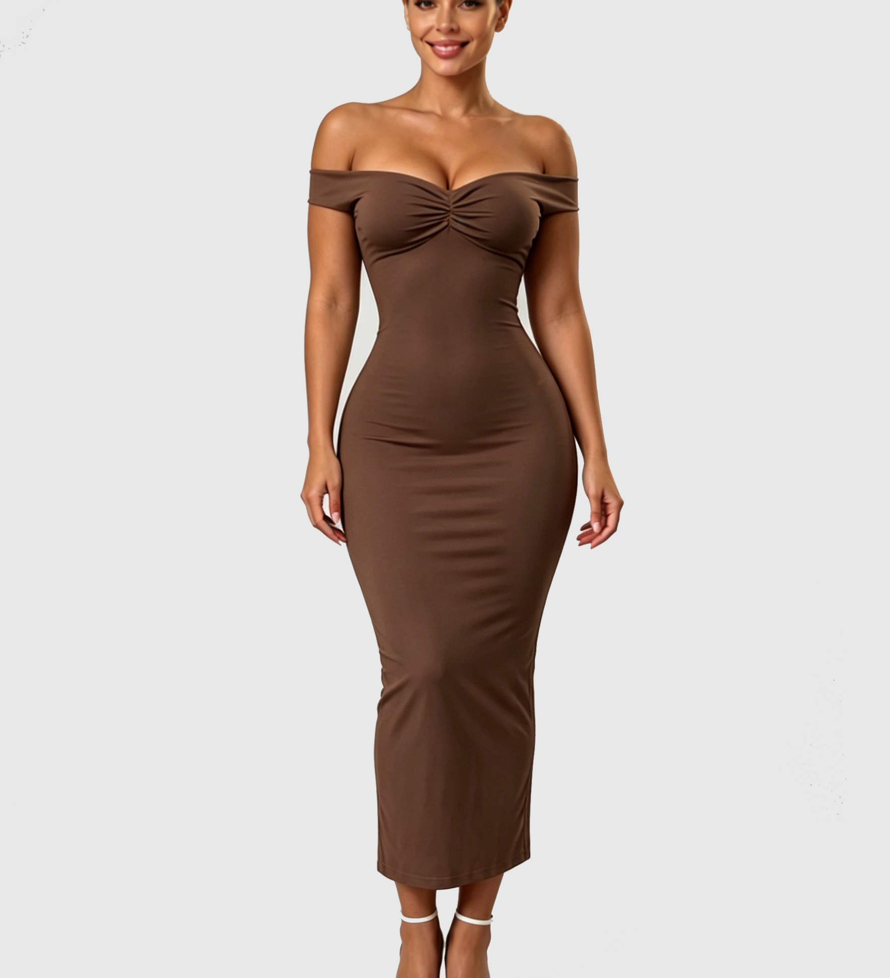 Off Shoulder Ruched Bust Bodycon Maxi Dress with Back Slit