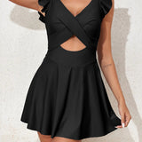Ruffle Sleeve Cross Cutout Backless Skirted One Piece Swimsuit